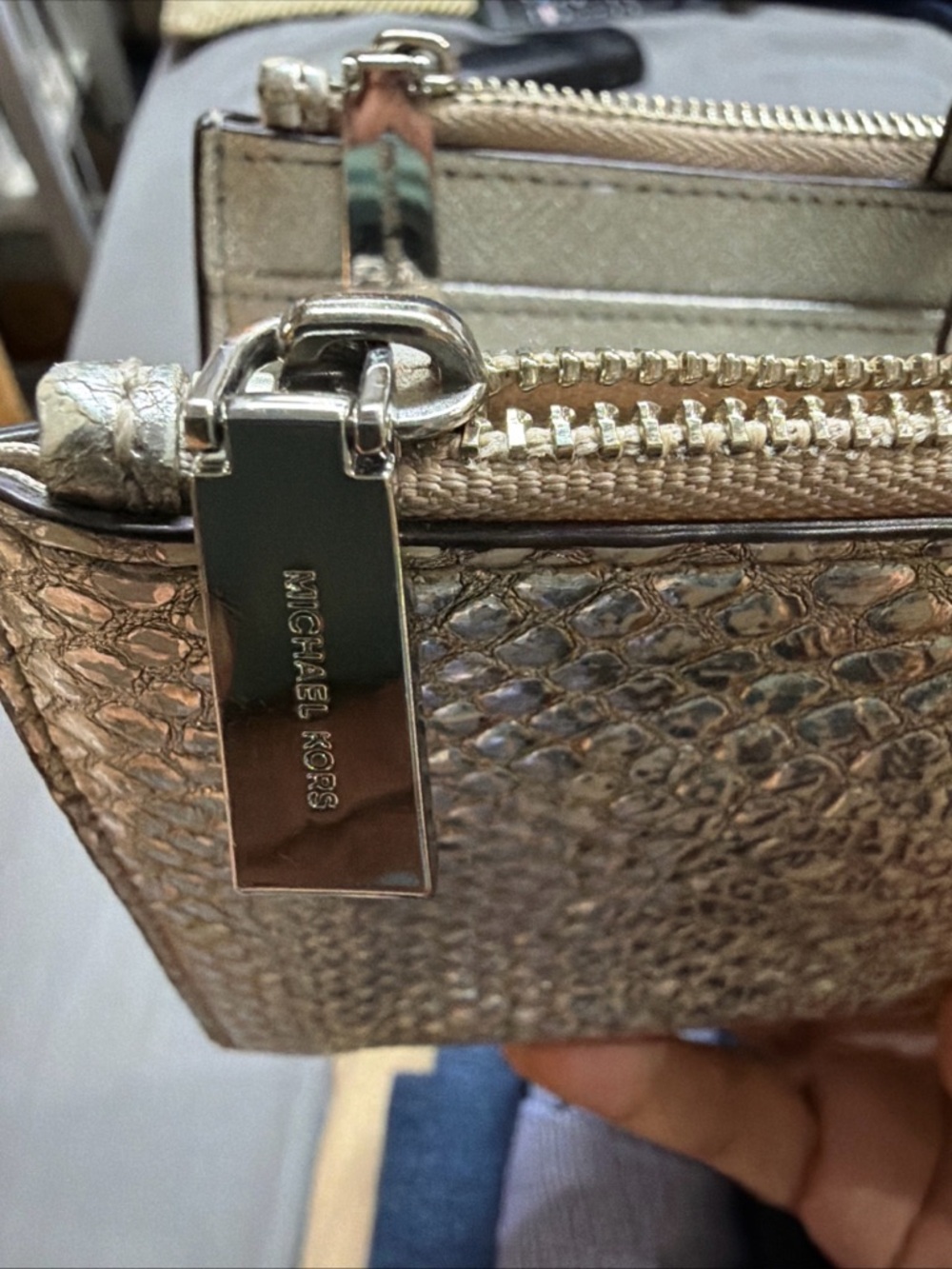 Michael Kors Metallic silver patent leather Croc-Embossed Zip Wallet clutch - Picture 6 of 16